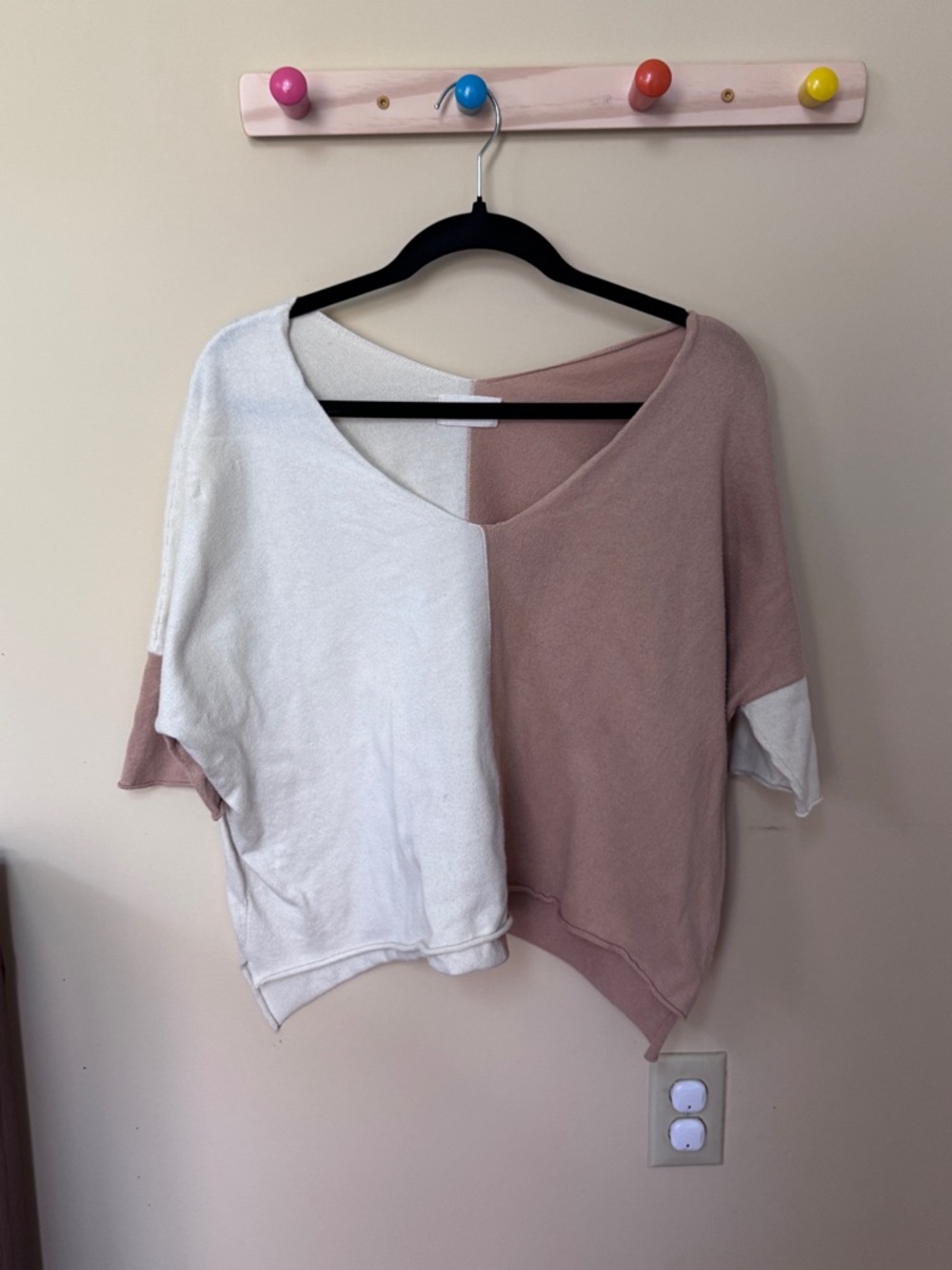 Atelier Delphine Colorblock Top Cream Camel Dolman V-Neck Organic Cotton S - Picture 2 of 8